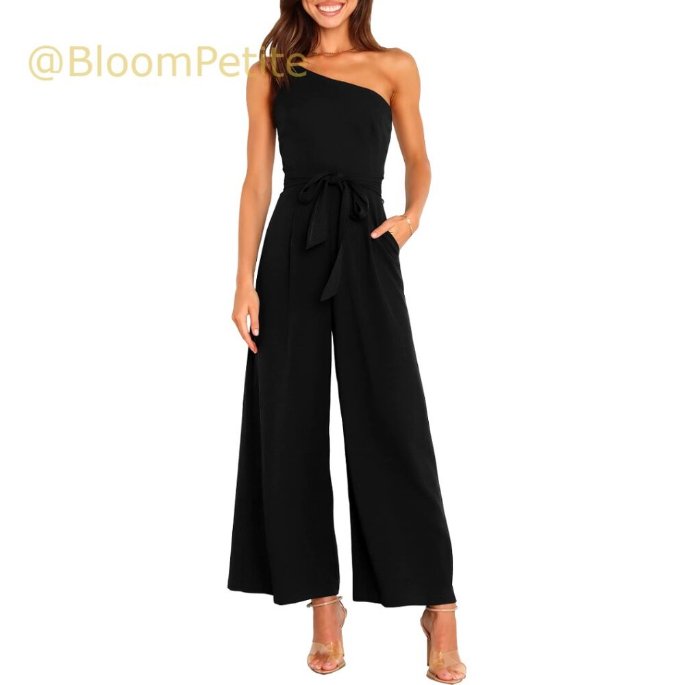 One Shoulder Sleeveless Jumpsuit with Wide Leg Pants, Polyester Elastane